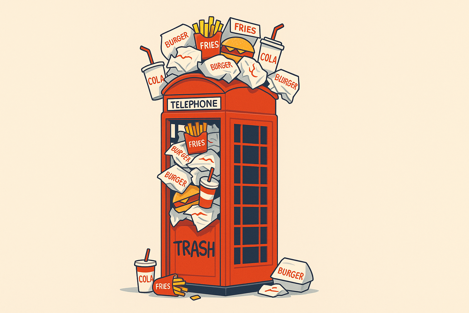 **Hero Image Creative Brief:** **Subject:** Humorous juxtaposition: A classic red British phone booth overflowing with American-style trash (fast food containers, etc.). **Style:** Clean, modern illustration or photo with a slight comedic tone. **Mood:** Playful, slightly ironic, and relatable, highlighting the US/UK language disconnect.